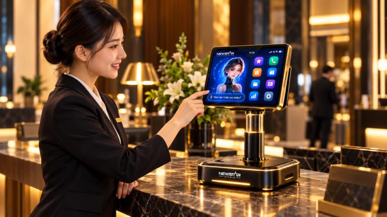 NewStar AI Host at a reception counter — product preview