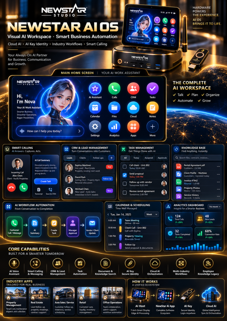 NewStar AI OS showing planned business workflows — interface preview