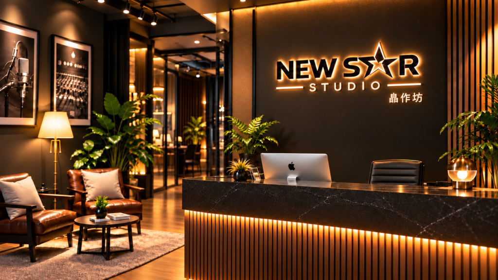 New Star Studio reception with illuminated studio logo